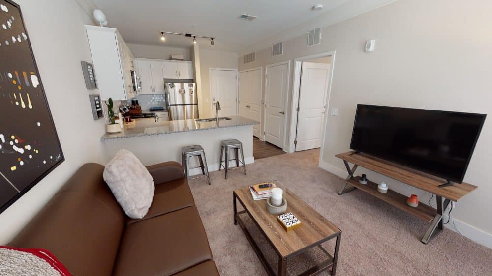 quantum on west call off campus apartments near fsu tallahassee florida fully furnished living room 50 inch 4k smart tv included